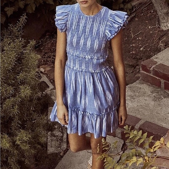 SAYLOR Dresses & Skirts - SAYLOR Zinnia Indigo blue ruffle ikat mini dress size Small NWOT